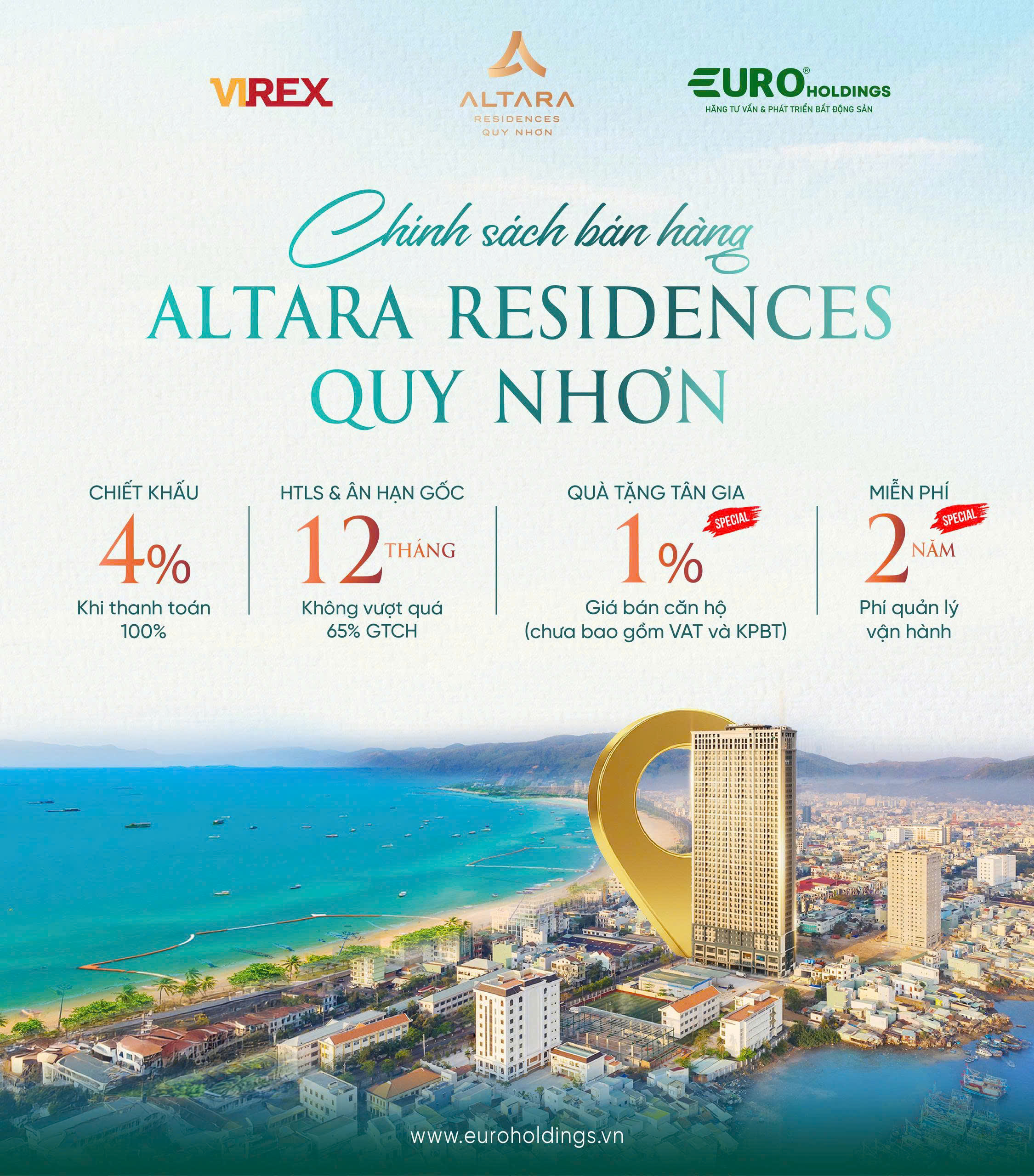 Chính sách bán hàng Altara Residences Quy Nhơn – Chiết khấu 4%, HTLS 12 tháng, Quà tặng 1%, Miễn phí 2 năm